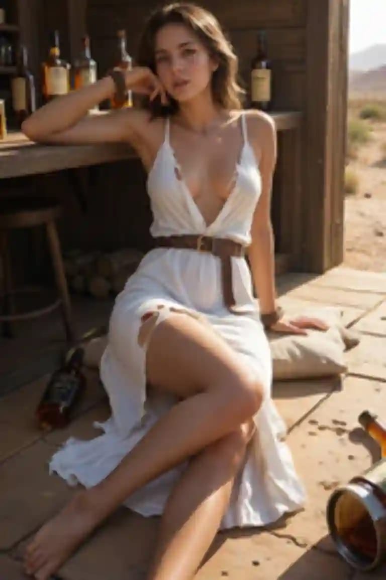 Una donna in abito bianco senza maniche con profondo taglio a V e cintura marrone siede accanto a un tavolo di legno con diverse bottiglie di alcol intorno a lei in una soleggiata scena all'aperto.