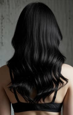 검은 웨이브 머리를 한 여성의 뒷모습. AI 이미지 생성기의 머리 색깔 옵션입니다.