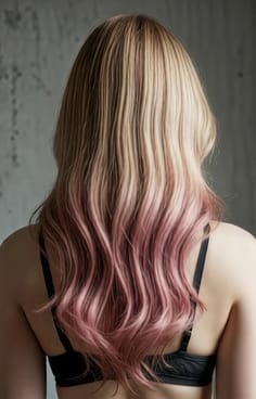 여자의 뒷모습. 머리 색깔은 금발에서 장미색으로 그라데이션됩니다.