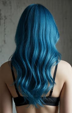 파란 웨이브 머리를 한 여성의 뒷모습. AI 이미지 생성기의 머리 색깔 옵션입니다.