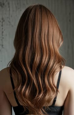 갈색빛이 도는 노란색 머리카락을 가진 여성의 뒷모습. AI 이미지 생성기의 머리 색깔 옵션입니다.