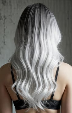여자의 뒷모습. 머리 색깔은 회색에서 백금으로 그라데이션됩니다.