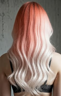 여자의 뒷모습. 헤어 컬러는 코랄에서 크림색으로 그라데이션 되어있습니다.