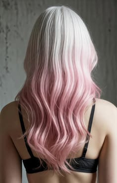 여자의 뒷모습. 헤어 컬러는 크림색에서 장미색으로 그라데이션이 되어있습니다.