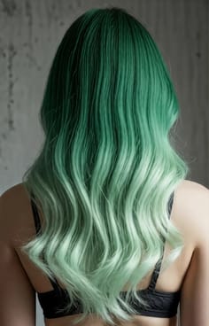 여자의 뒷모습. 머리 색깔은 에메랄드에서 민트까지 그라데이션입니다.