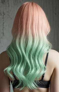 여자의 뒷모습. 헤어 컬러는 복숭아색에서 민트색으로 그라데이션 되어있습니다.