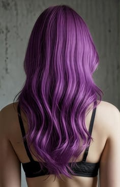 보라색 웨이브 머리를 한 여성의 뒷모습. AI 이미지 생성기의 머리 색깔 옵션입니다.