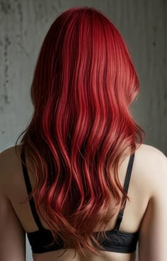 붉은 웨이브 머리를 한 여성의 뒷모습. AI 이미지 생성기의 머리 색깔 옵션입니다.