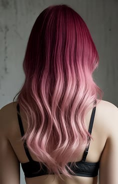 여자의 뒷모습. 머리 색깔은 진한 빨간색에서 홍당무 핑크까지 그라데이션입니다.