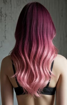 여자의 뒷모습. 머리 색깔은 진한 빨간색에서 분홍색으로 그라데이션됩니다.