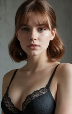 검은색 레이스 브라를 입은 보브헤어의 여성. AI 이미지 생성기의 헤어 스타일 옵션입니다.