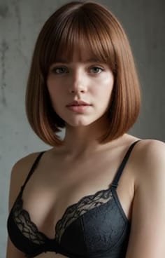 프렌치 보브 헤어에 블랙 레이스 브라를 입은 여성. AI 이미지 생성기의 헤어 스타일 옵션입니다.