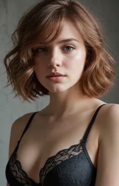 검은색 레이스 브라를 입은 프렌치 짧은 머리의 여성. AI 이미지 생성기의 헤어 스타일 옵션입니다.