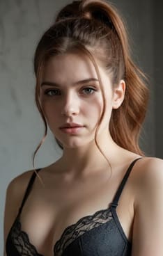 블랙 레이스 브라에 높은 포니테일을 가진 여성. AI 이미지 생성기의 헤어 스타일 옵션입니다.