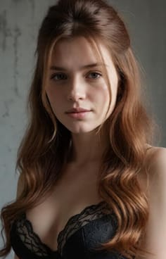 검은색 레이스 브라를 입은 중간 머리를 층층이 쌓은 여성. AI 이미지 생성기의 헤어 스타일 옵션입니다.