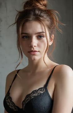 검은색 레이스 브라를 입고 지저분한 롤빵을 입은 여자. AI 이미지 생성기의 헤어 스타일 옵션입니다.