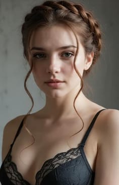 검은 레이스 브래지어에 복고풍 트위스트 updo를 가진 여자. AI 이미지 생성기의 헤어 스타일 옵션입니다.