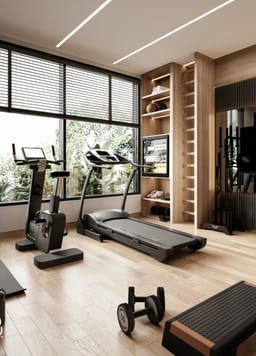 탁 트인 창문과 회색 산업 디자인을 갖춘 AI 생성 럭셔리 부티크 체육관 인테리어.