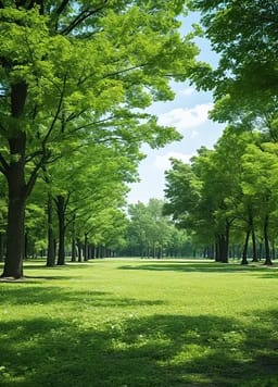 푸른 나무와 넓은 잔디밭이 있는 햇볕이 잘 드는 공원입니다. AI 이미지 생성기의 장면 옵션입니다.