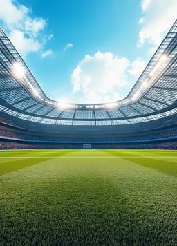 푸른 하늘 아래 푸른 잔디 경기장을 갖춘 현대 축구 경기장. AI 이미지 생성기의 장면 옵션입니다.
