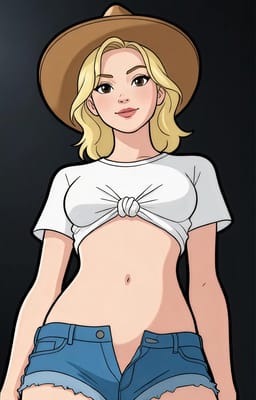 챙이 넓은 모자, 매듭이 있는 흰색 크롭 탑, 데님 반바지를 입은 여성이 어두운 배경을 배경으로 낮은 각도에서 촬영되었습니다. 만화 스타일. AI 이미지 생성기의 스타일 옵션입니다.