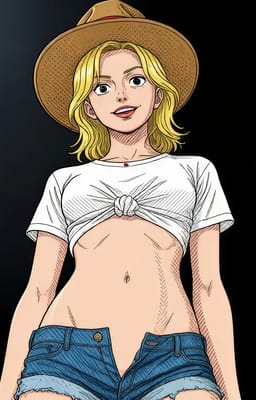 챙이 넓은 모자, 매듭이 있는 흰색 크롭 탑, 데님 반바지를 입은 여성이 어두운 배경을 배경으로 낮은 각도에서 촬영되었습니다. 원피스 스타일. AI 이미지 생성기의 스타일 옵션입니다.