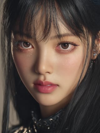 Азиатская женщина с прямой челкой и стилем K-beauty. Шаблон для замены лица на фото.