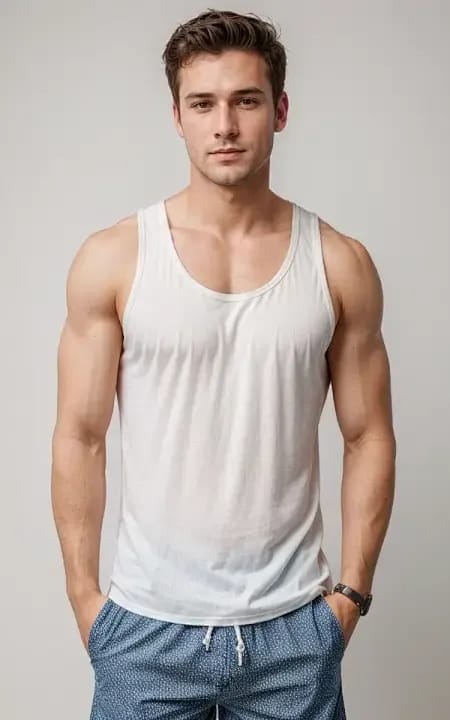 Een gespierde man in een witte tanktop en blauwe korte broek die zelfverzekerd poseert. Modelsjabloon voor het genereren van afbeeldingen en video's.