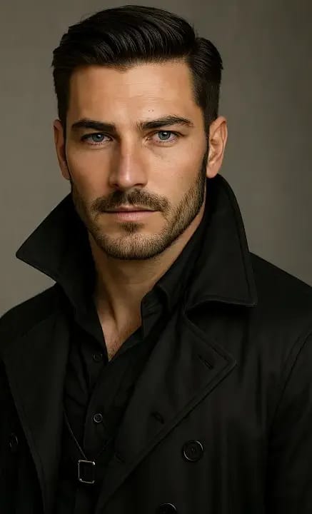 Een man met baard in zwarte jas staart naar de camera. Modelsjabloon voor het genereren van afbeeldingen en video's.