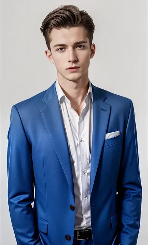 Een man in een blauw pak en een wit overhemd poseert voor de camera. Modelsjabloon voor het genereren van afbeeldingen en video's.