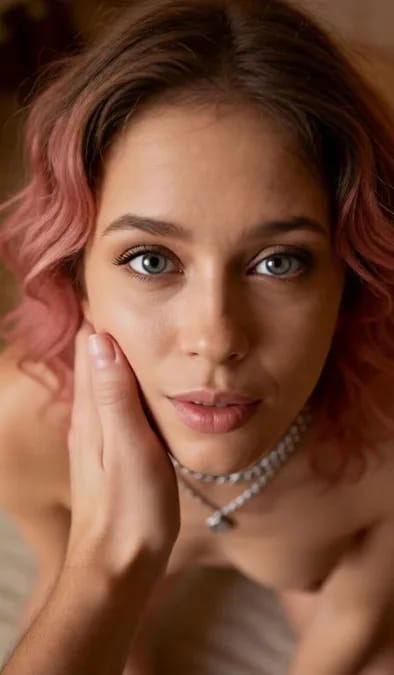 Une femme nue aux cheveux roses bouclés regarde la caméra, avec une main d'homme lui prenant la joue. Vue à vol d'oiseau. Effet d'image pour le générateur d'images pornographiques.