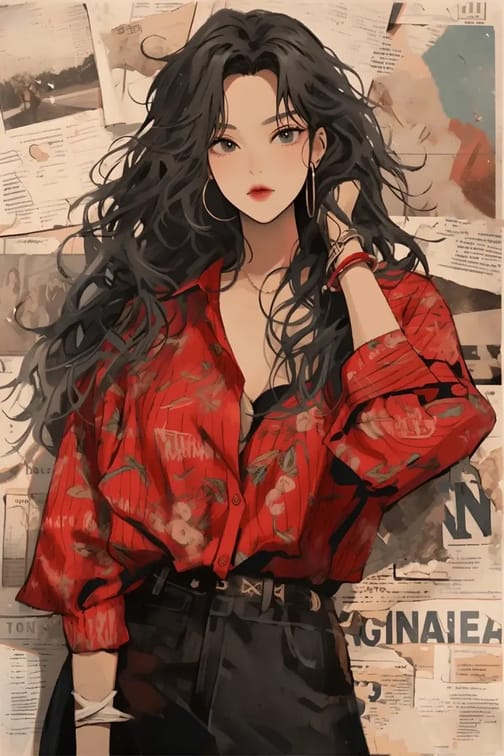 Anime female character with black wavy hair in red shirt, black pants, posing seductively.