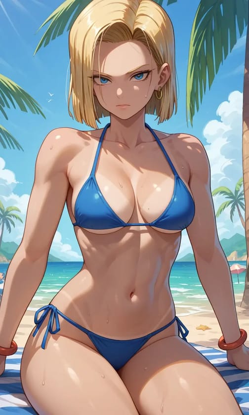 Dragon ball style, anime female character with blonde hair in blue bikini posing on the beach with determined expression.