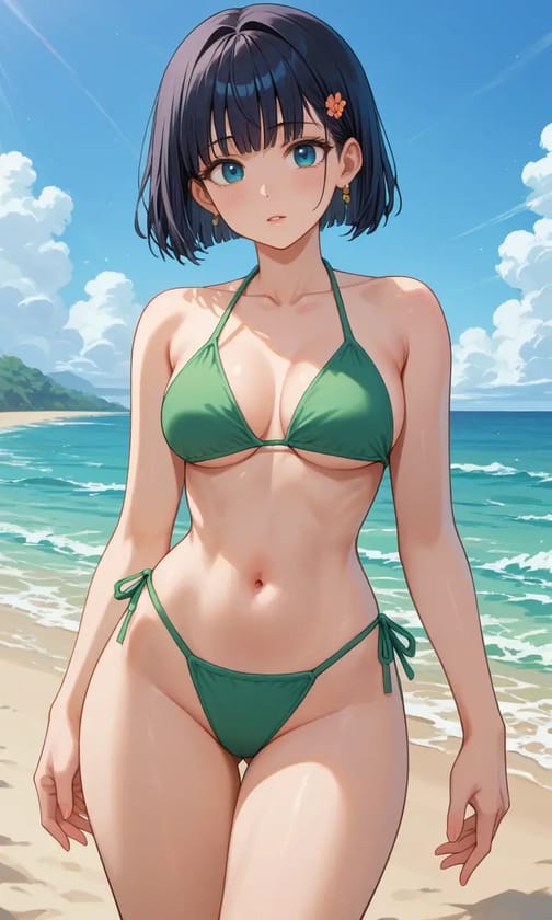 Anime female character with dark short hair in green bikini on the beach.