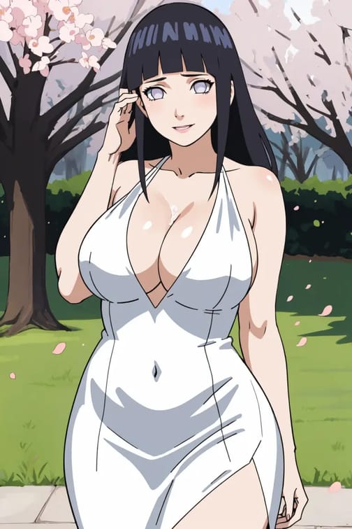 Anime female character with black hair in white deep V-neck dress posing seductively with sakura trees in the background.