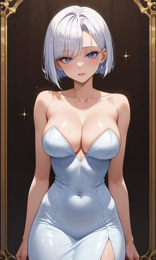 Anime female character with short platinum hair in white off-the-shoulder-dress.