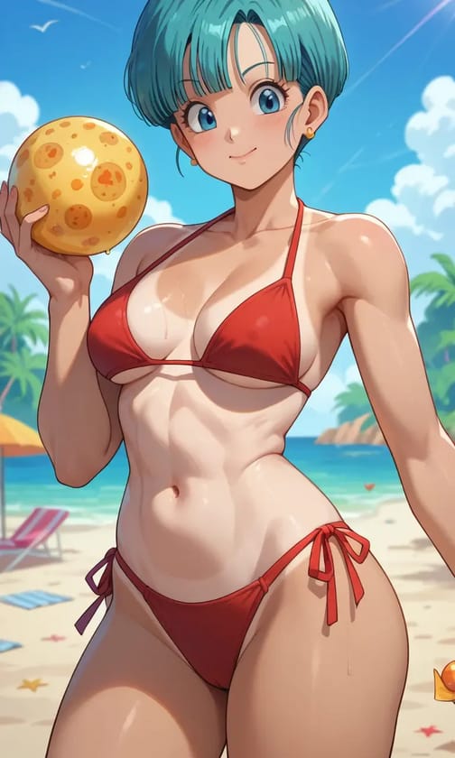 Dragon ball style, anime female character with blue short hair in red bikini posing with an orange ball in her hand.