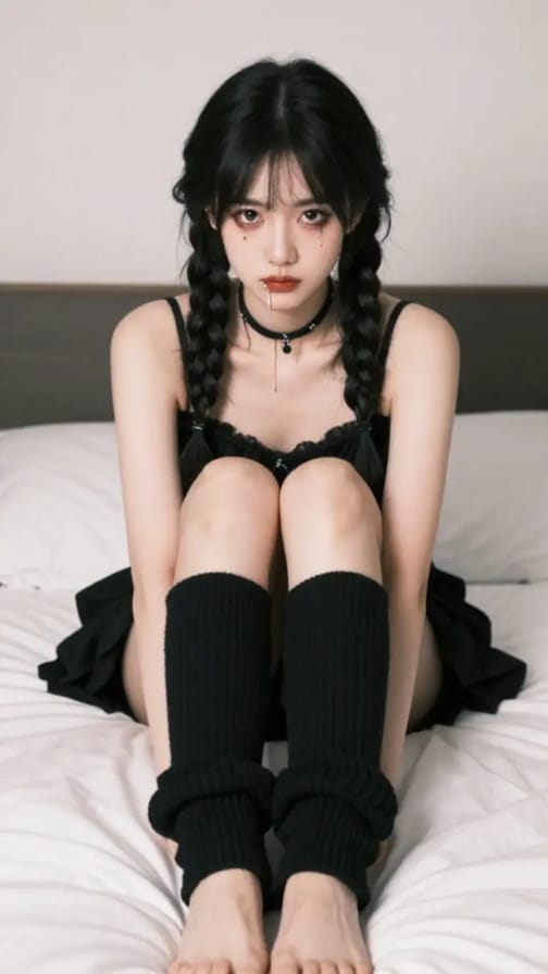 Asian woman with braids in black outfit posing on bed.