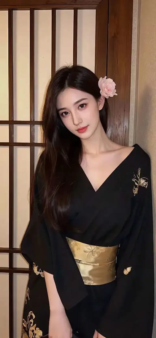 Asian woman in black kimono posing in a Japanese style room.