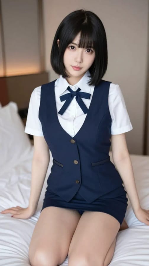 Asian woman with short hair in office outfit posing on bed.
