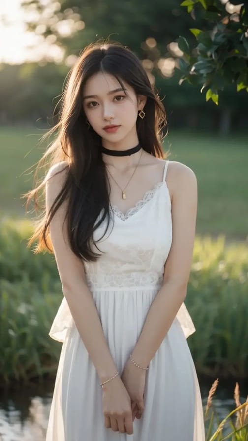 Asian woman in white dresswith black choker posing outdoors.