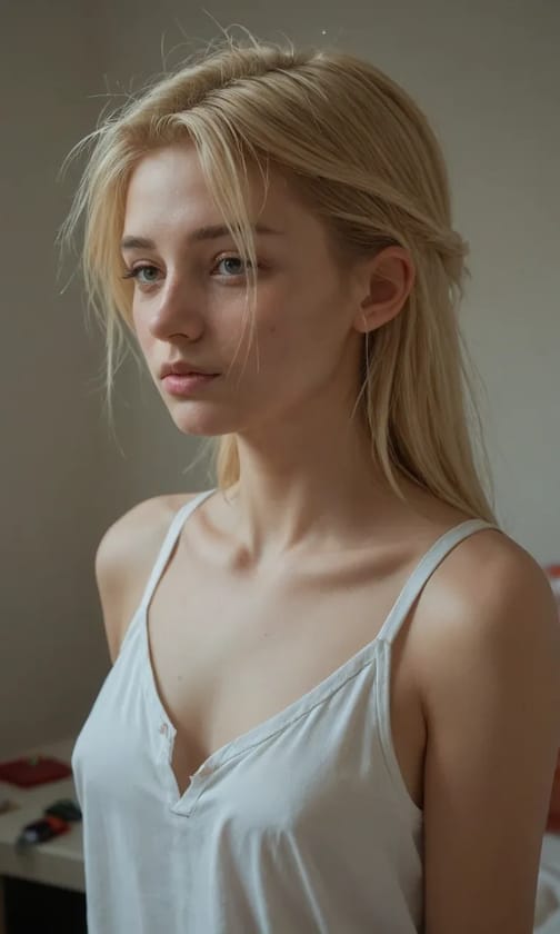 AI-generated image of a blonde woman wearing a white tank top posing on a cozy sofa.
