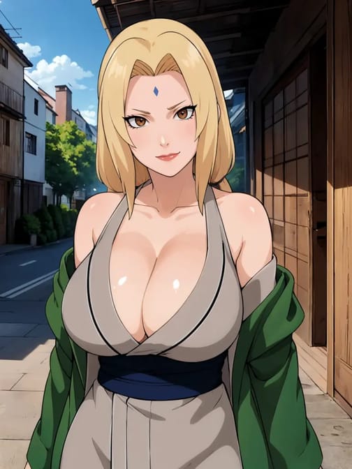 Naruto style, anime female character with blonde hair in grey dress posing outdoors.