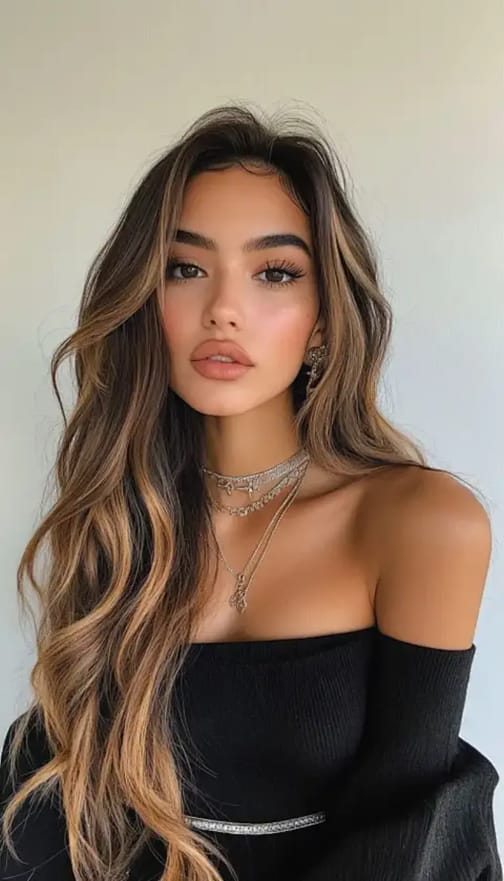 Sexy woman with tanned skin in black off-the-shoulder dress posing indoors.