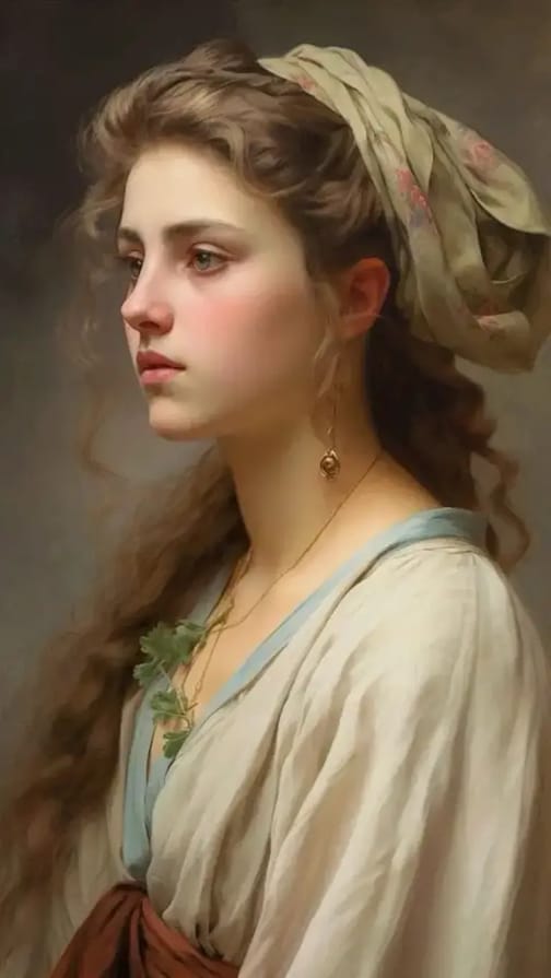 Oil painting style, woman with dark curly hair in beige dress.