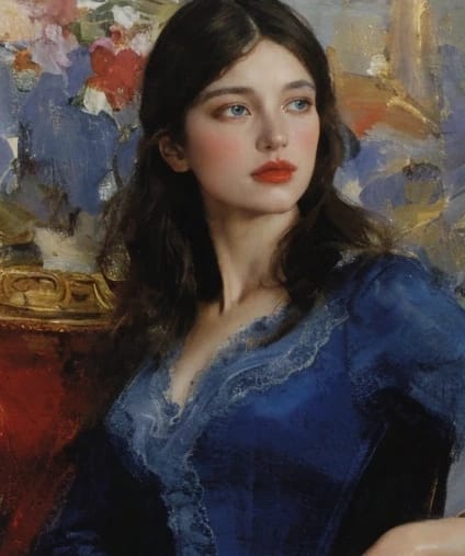 Oil painting style, dark-haired woman in blue dress indoors.