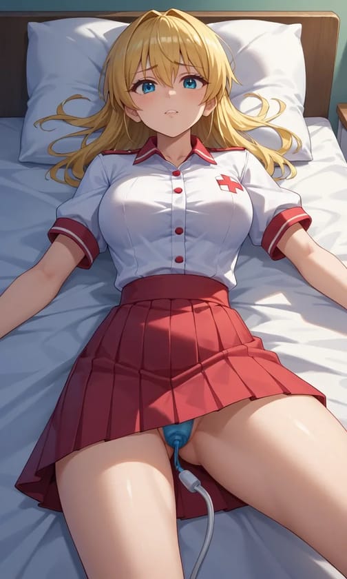 AI-generated anime image of a blonde woman in nurse uniform with red pleated skirt lying on a hospital bed