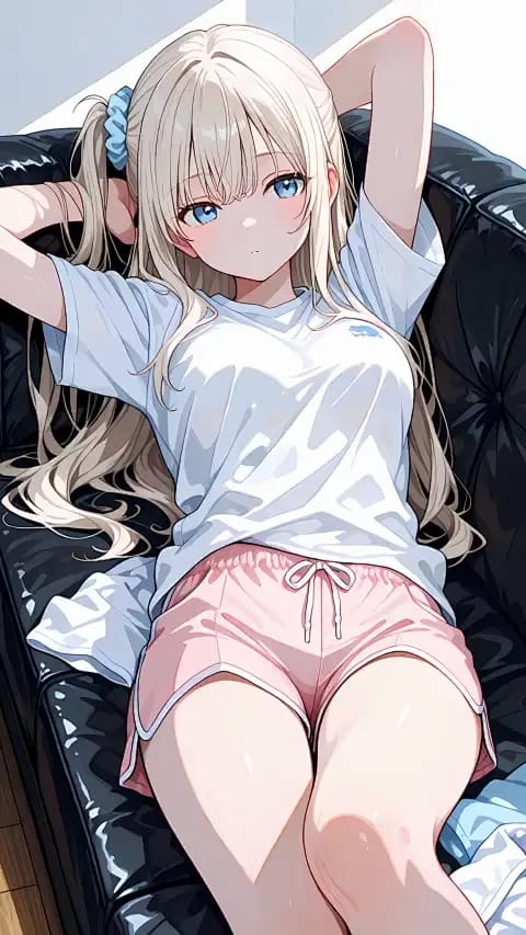 AI-generated anime image of a blonde woman with twin-tail hair in casual white t-shirt and pink shorts sitting on a sofa