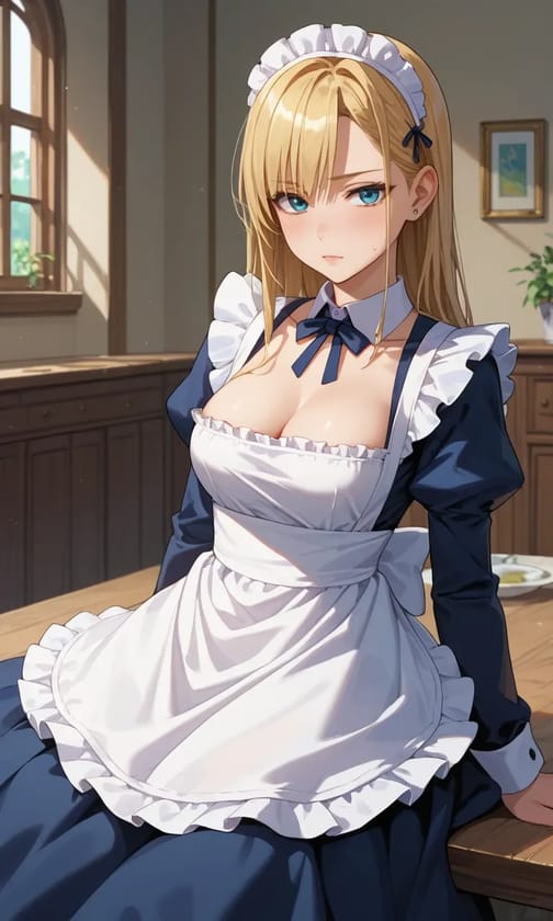 AI-generated anime image of a blonde woman in classic navy and white maid outfit sitting at a dining table