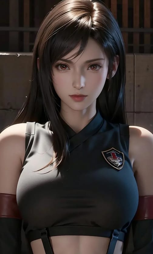 AI-generated 3D-rendered image of a dark-haired woman in sleeveless combat outfit with badge emblem in moody atmospheric lighting